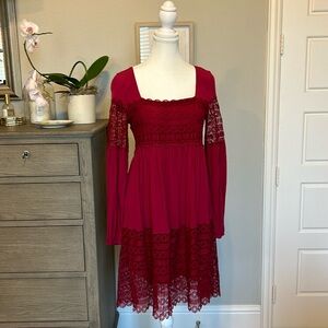 Anthropologie Floreat Aveline Raspberry Red Crochet Lace Peasant Dress, Size 2